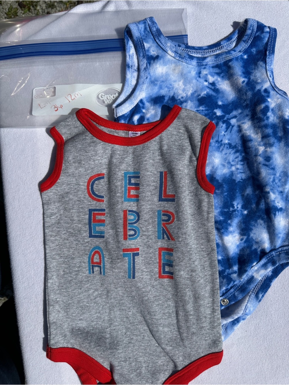 Gray "Celebrate" Romper with Red Trim(36)